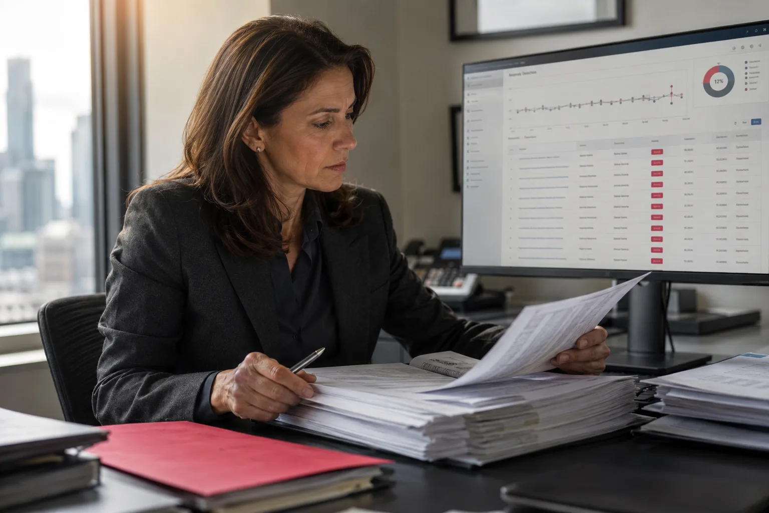 An auditor compares paper ledgers against an anomaly-detection dashboard on a large monitor in a London office, late-afternoon light across the desk.