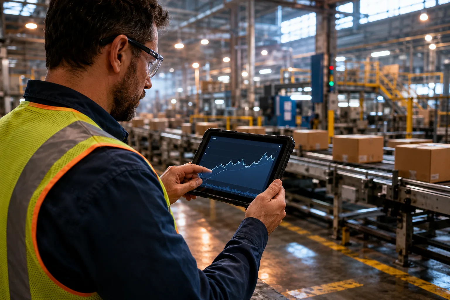 A production supervisor on a factory floor checks a tablet showing a demand-forecast chart, packaging lines running behind him.