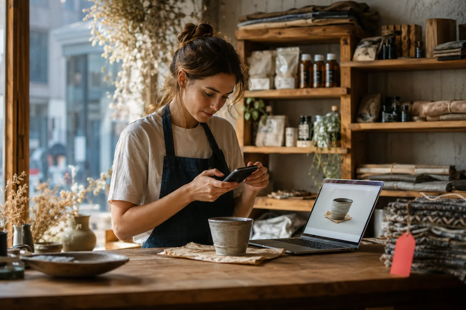A shop owner at a counter photographs a product with her phone while a laptop beside her shows the item already listed in an online store.