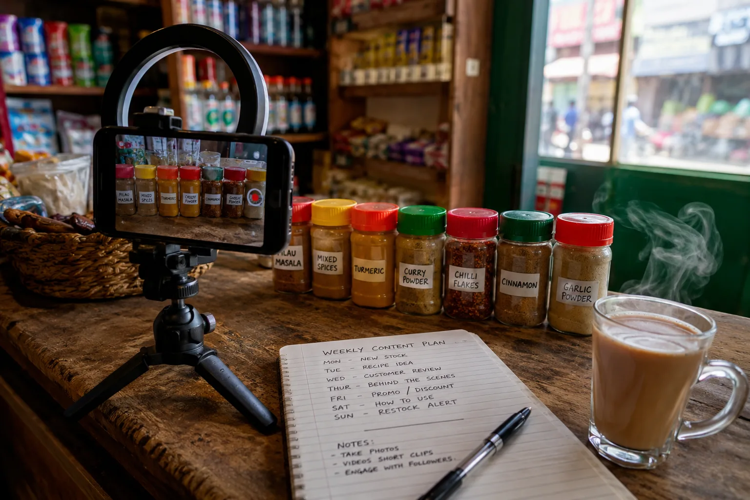A phone on a small tripod with a ring light films spice jars on a Nairobi shop counter, a handwritten weekly content plan and cup of chai beside it.