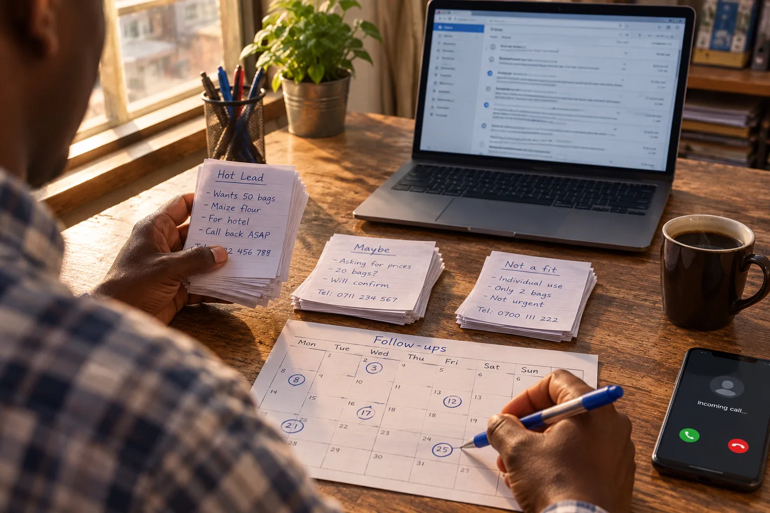 Over the shoulder of a business owner sorting handwritten enquiry notes into hot lead, maybe and not-a-fit piles, marking follow-up dates on a paper calendar beside a laptop inbox and a phone with an incoming call.