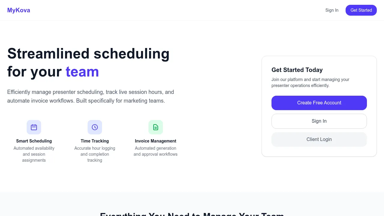 MyKova Scheduling platform dashboard, TekZuri case study in full-stack workflow automation and invoicing