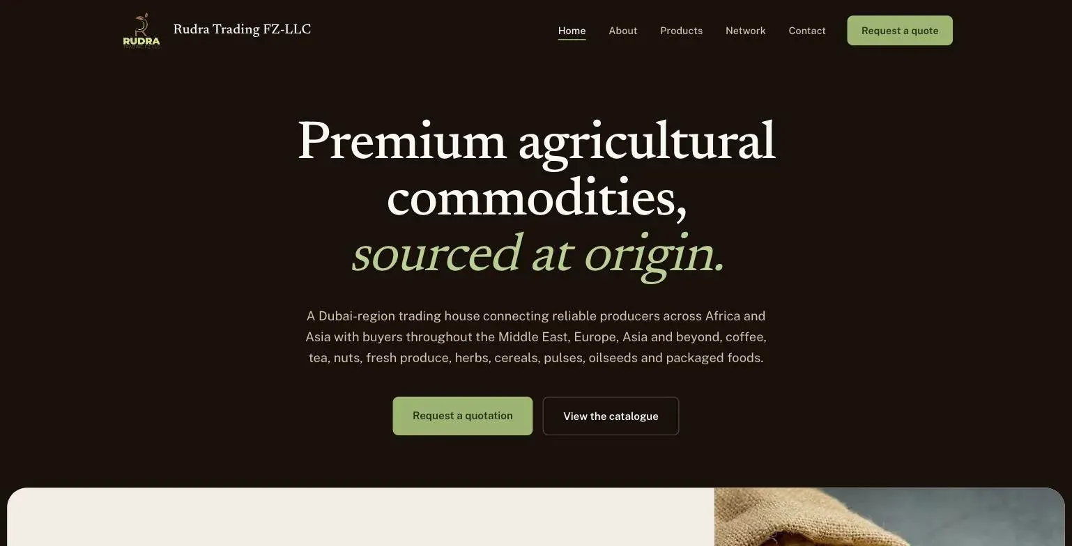 Rudra Trading agricultural commodities website, TekZuri case study in international trade web design