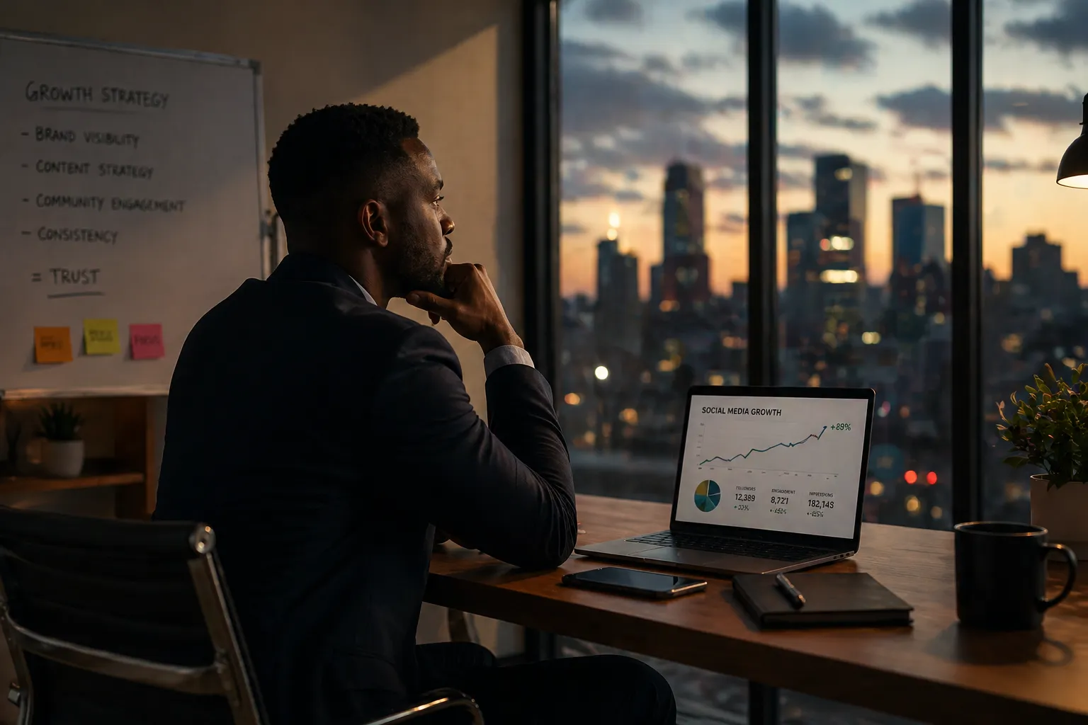 A founder pauses at a desk overlooking a city skyline at dusk, growth-strategy notes on a whiteboard and a laptop showing analytics: the quiet moment before showing up online.